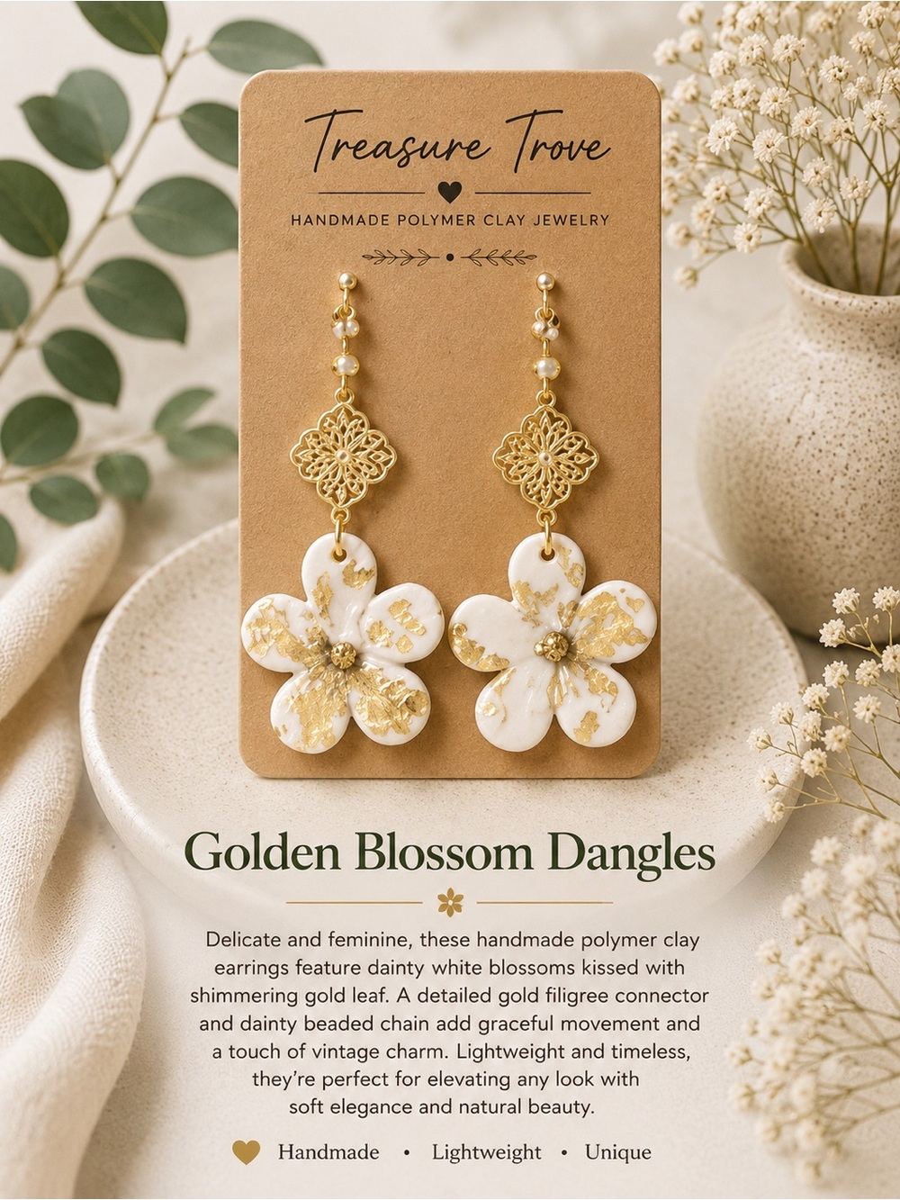 Handmade White & Gold Blossom Dangle Earrings